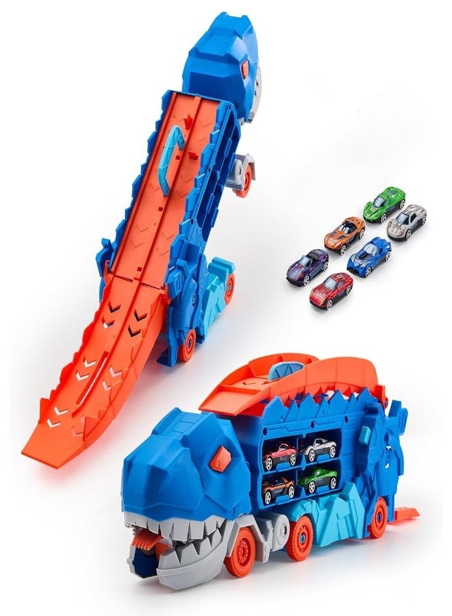 Spindoo Dinosaur Transporter Truck with 6 Die-Cast Vehicles Dino Car Carrier with 6 Die-Cast Vehicles & Racing Track Storage | Devouring Dino Car Toy Gift for Kids Boys Girls (Dino Truck) - Image 1